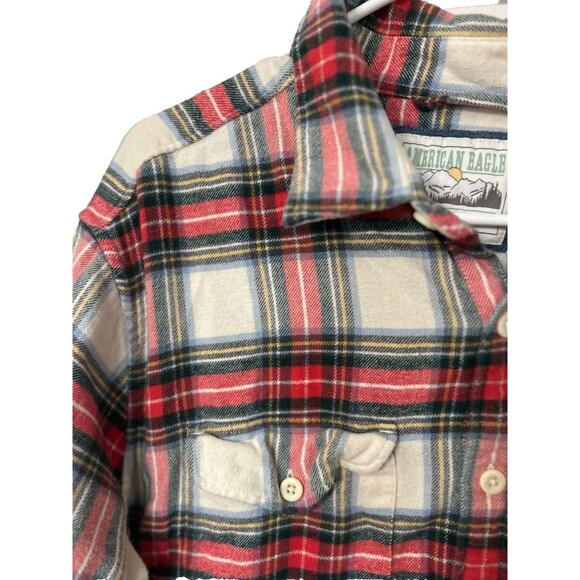 American Eagle Plaid Christmas Large Men Red White Green Button Down Long Sleeve - Picture 2 of 4